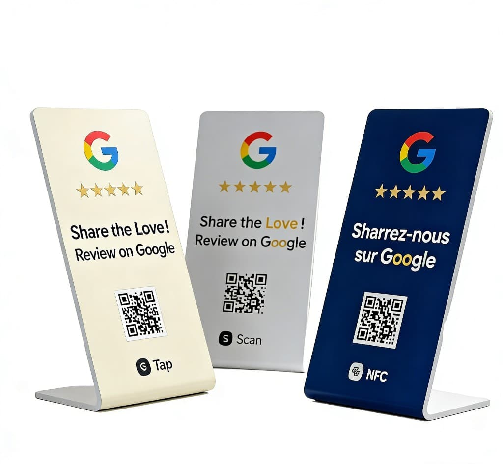 Countertop review stands with QR code and Google branding